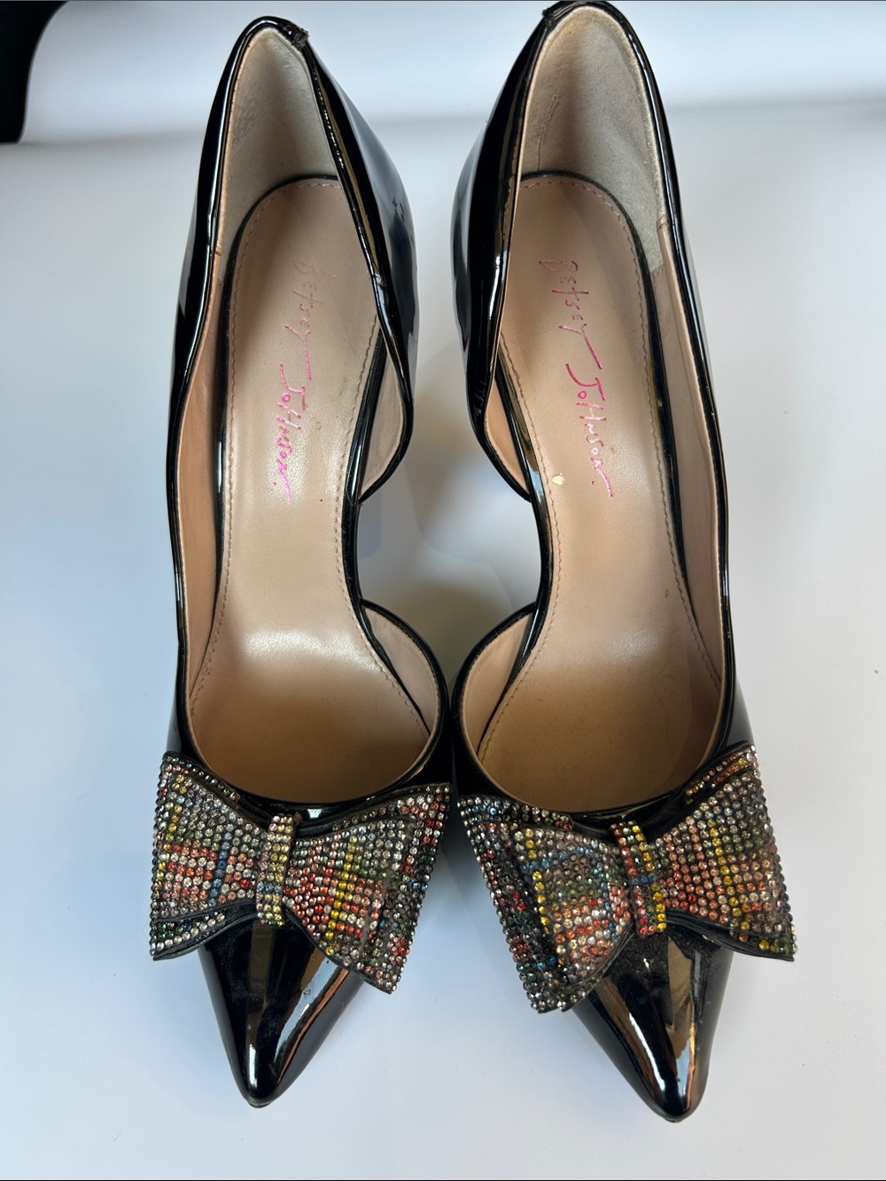 Betsey JohnsonPrince  Black Patent Pointed Heels  Multicolor  Crystal Bow Sz9